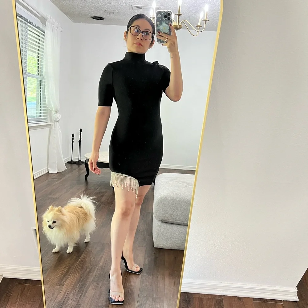 Black Mock-Neck Bandage Bodycon Mini Dress with Rhinestone detail on right side - Picture 4 of 11